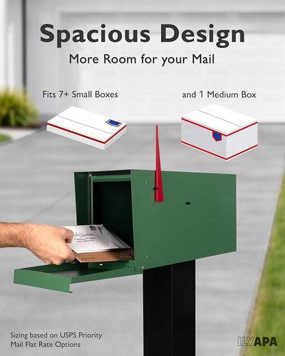 Ilyapa Modern Mailbox for Outside Post Mount - Green Powder Coated Metal Mailbox, Waterproof Letter Box for Parcels, with Recessed Magnetic Close Door