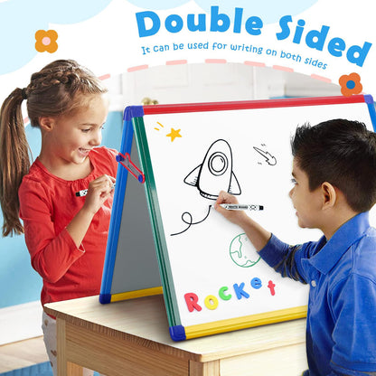 SWANCROWN Magnetic Board for Kids - Tabletop White Board for Children- 24x18 Inch Double Sided Foldable Dry Erase Board Standing with 82Pcs Alphabet Magnets Whiteboard Letters