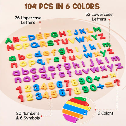 JoyCat 104 Pieces Magnetic Letters Numbers Alphabet Fridge Magnets ABC 123 Preschool Educational Learning Plastic Colorful Toy Set Uppercase Lowercase Math Symbols for Toddlers Kids 3+