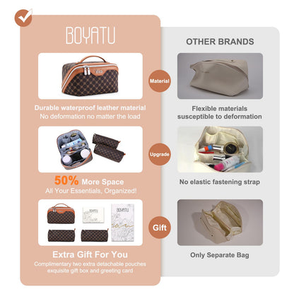 BOYATU Travel Makeup Bag Cosmetic Bags for Women: 3 Pcs Set Large Portable Make up Bag with Handle - Vegan Leather Toiletry Bags with Compartments - Makeup Organizer for Travel Essentials(A-1-Coffee)