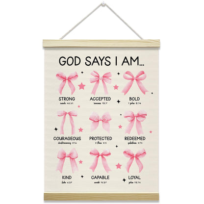 Christian Poster Hanger Frame-God Says I Am, Pink Bow Coquette Posters Canvas Wall Art for Women Girls Dorm Bedroom Decor, 12x16 Inches -027