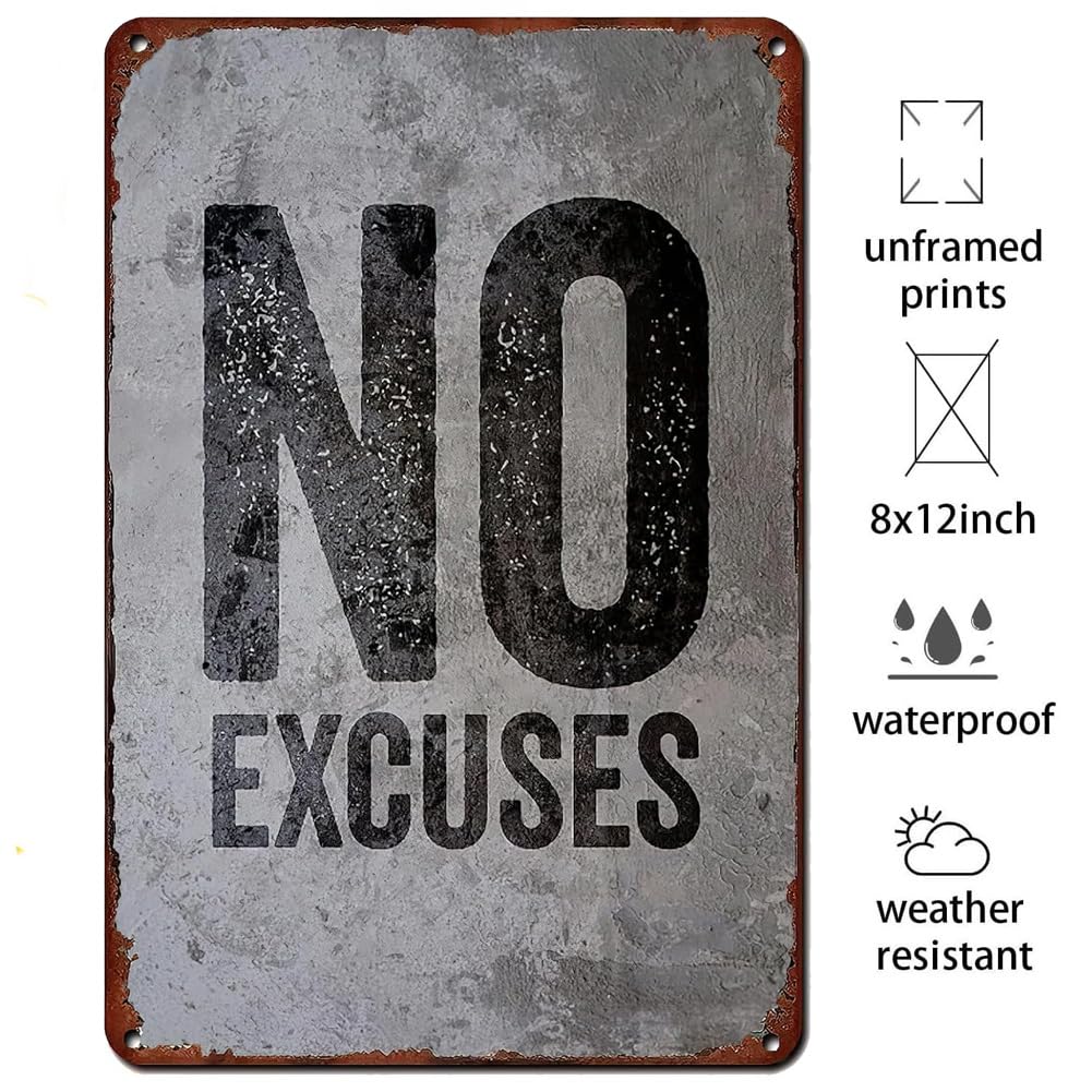 GYM Metal Tin Sign No Excuses Retro Poster Motivational Quote Gym Signs For Cafe Bar Gym Living Room Bathroom Kitchen Home Art Wall Decoration Plaque Gift 8x12 Inch