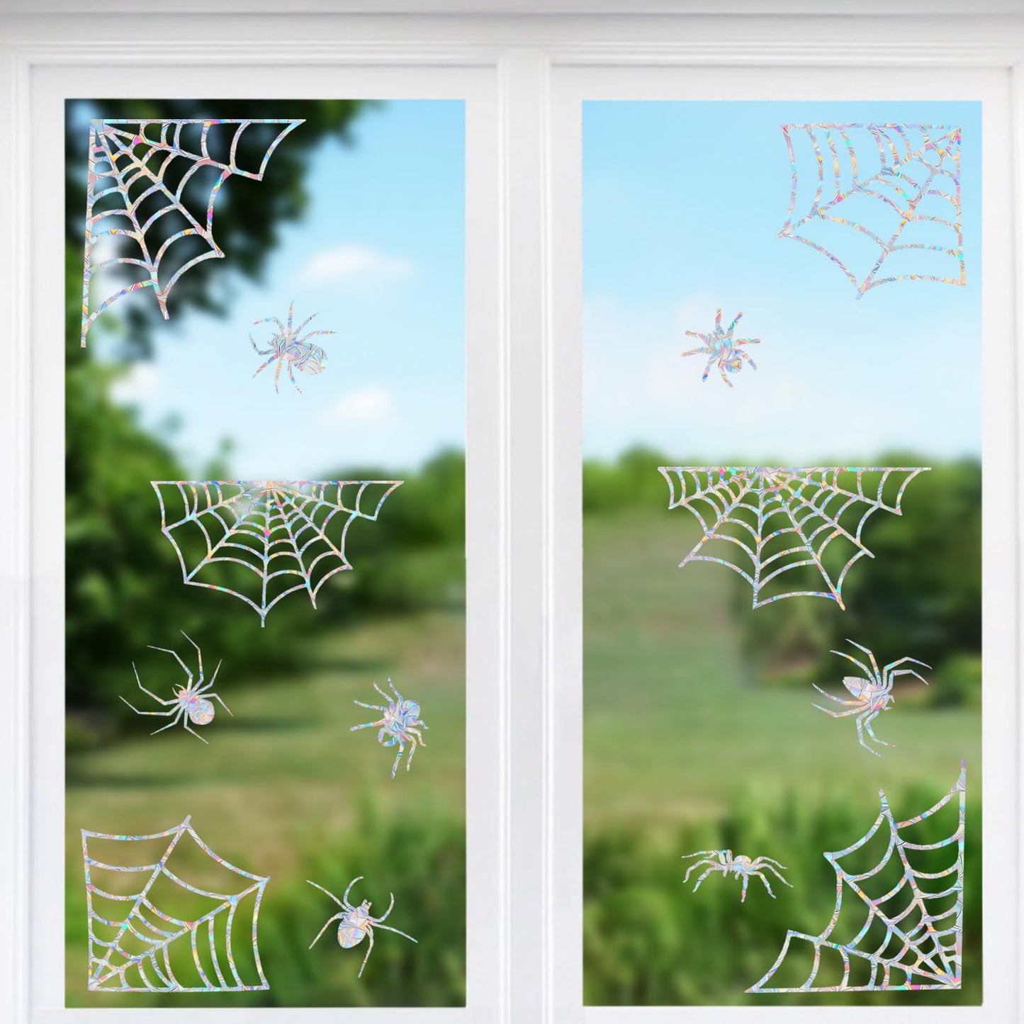 12 Pcs Spider Web and Spider Window Clings - Anti-Collision Decals to Save Birds, Non-Adhesive Prismatic Window Clings, Rainbow Stickers
