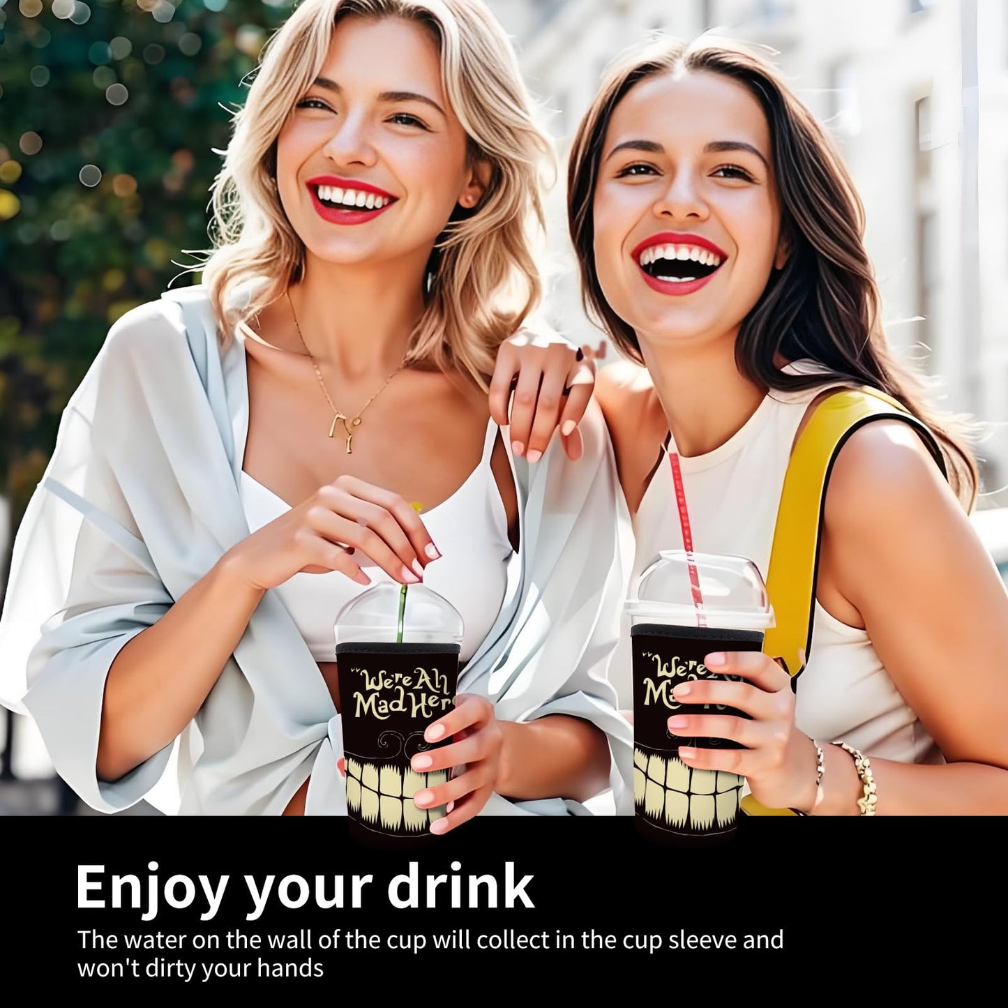 AUHIWDO 3 Pack Reusable Neoprene Insulator Sleeve for Iced Coffee Cups, Durable Drink Sleeve for Cold Hot Beverages Compatible with 16-32OZ Cute Black Tooth
