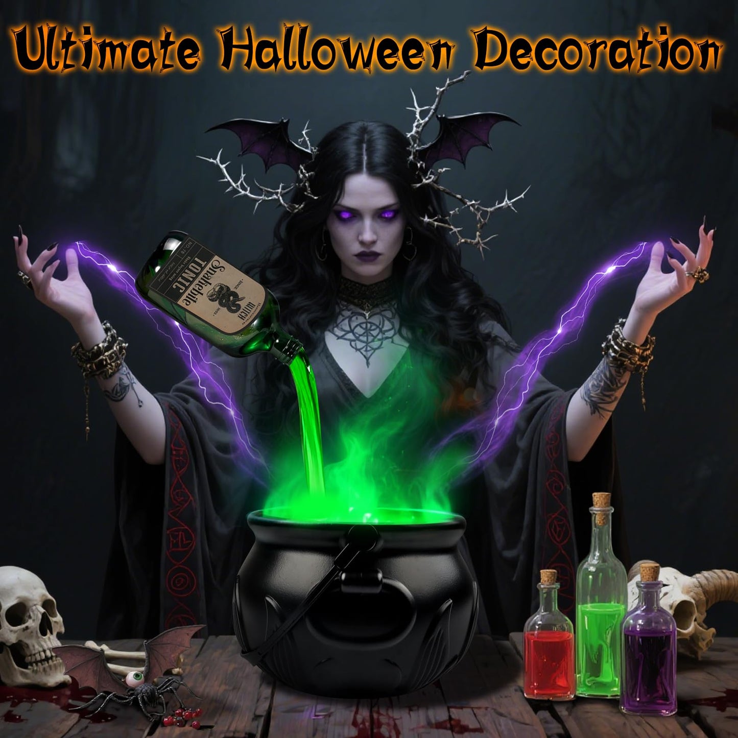 Halloween Decorations Indoor, Cauldron Halloween Decor Set with Magic Floating Potion Bottles Skeleton Mist Maker, Black Witches Cauldron Diffuser for Home Kitchen Mantel Party Decor