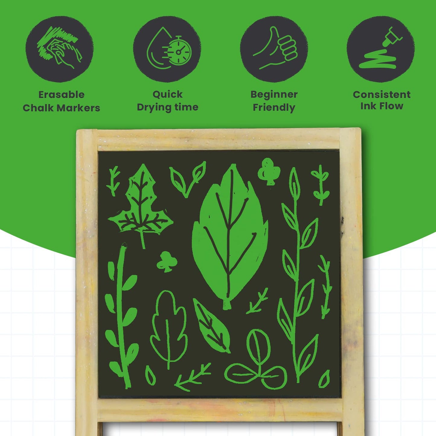 5 Green Chalkboard Chalk Pens - Green Dry Erase Markers for Blackboard, Chalkboard Signs, Windows, Glass | Variety Pack - Fine & Jumbo Size Ink Pen (1mm, 3mm, 6mm, 10mm, 15mm)