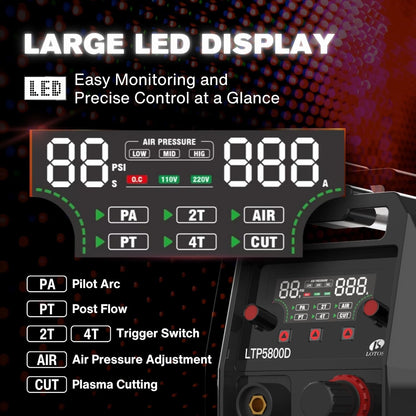 LOTOS LTP5800D 58A Plasma Cutter, 5/8" Clean Cut (3/4" Severance), Non-Touch Pilot Arc, Up to 15% Faster Cutting, Dual Voltage 110/220V, LED Panel & Front Regulator, Portable Plasma Cutting Machine
