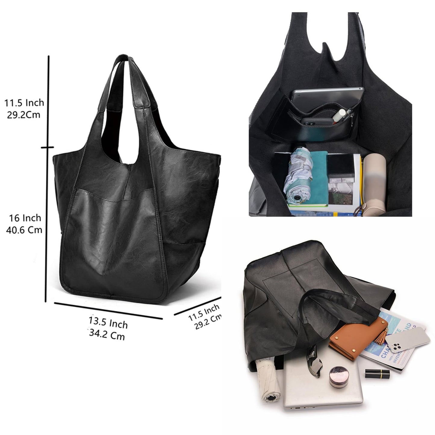 KlaOYer Oversized Leather Tote Bag Large Capacity Work Hobo Pu Leather Bucket Purse And Handbag Big Soft Travel Shopping Bag (Black)