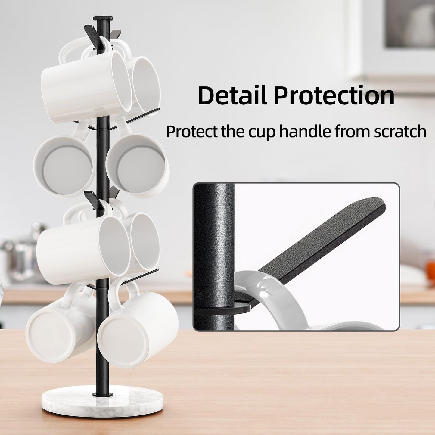 Gypie Marble Mug Holder Tree, 8 Hooks Coffee Cups Stand, New Upgraded Stable Mug Stand for Kitchen Counter Cabinet Cafe Black