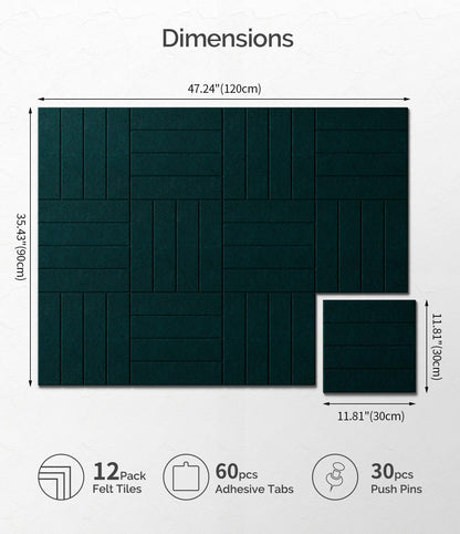 Bounmer Large Cork Board Alternative 48“ x 36”, 12-Pack Felt Bulletin Board Tiles with 60 Safe Removable Adhesive Tabs & 30 Pushpins, Cork Boards for Office Walls Decor (Pine Green)