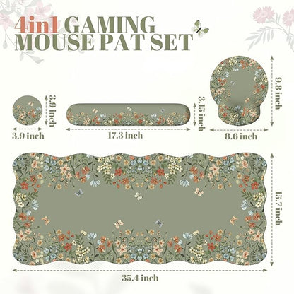 iCasso Desk Mat Set,Large Mouse Pad with Wrist Rest,Ergonomic Keyboard Wrist Support for Women,Girly Floral Computer Mat with Scalloped Edges,Non-Slip Desk Pad Home Office Gaming (Green)