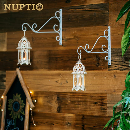 NUPTIO 2 Pcs Moroccan Style Candle Lantern - Small Sized Tealight Candle Holder with Transparent Glass Panels Great for Patio, Indoors/Outdoors, Events, Parties and Weddings, White