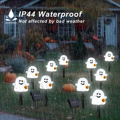 BRIGHTDECK Solar Halloween Ghost Pathway Lights, 10 Pack Ghost Stake Lights with Pumpkin Design, Durable Waterproof Outdoor Halloween Decoration for Garden, Walkway, and Yard (Cold White)