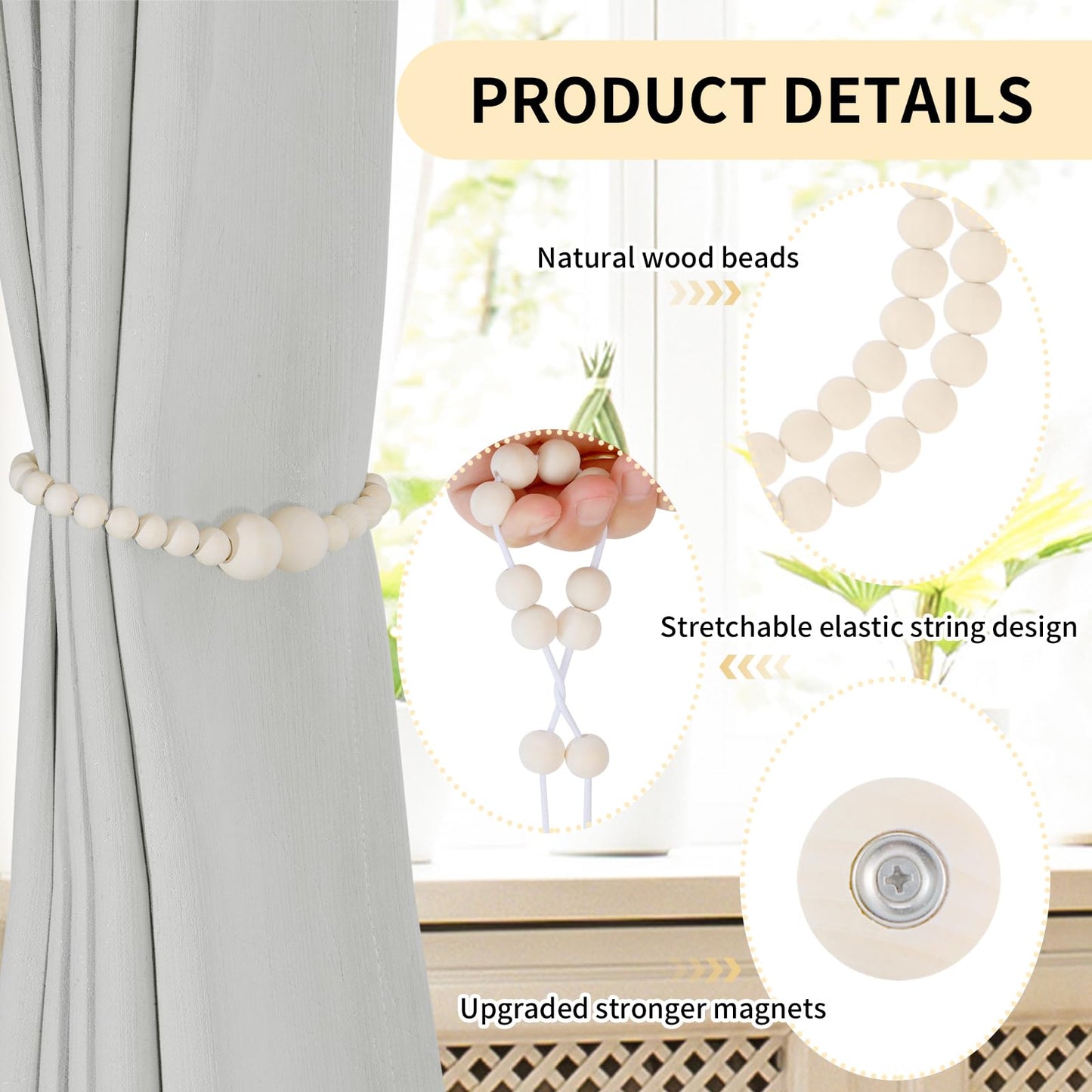 KLOGTSIND Magnetic Curtain Tiebacks, 4 Pack Curtain Holdbacks for Draperies, Wood Bead Curtain Tiebacks, Elegant Curtain Tie Backs for Bedroom Decor, Boho Room Decor, Nursery Decor, Farmhouse Decor