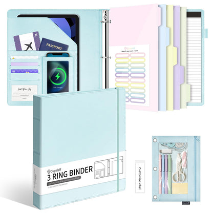 Ospelelf Leather 3 Ring Binder for Letter Size Documents with Pocketed Storage Dividers, Pencil Pouch & Notepad, 1 Inch Round Rings, Holds 175 Sheets, for Office School Home Organization, Light Blue