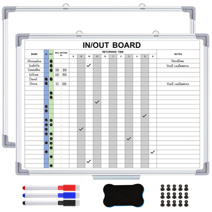 Lincia in and Out Magnetic Dry-Erase Board 18 x 24 Aluminum Framed White Board with Lines 24 Names with Magnetic Dry-Erase Marker, Eraser, and 26 Magnets Wall-Mounted for Office Employee