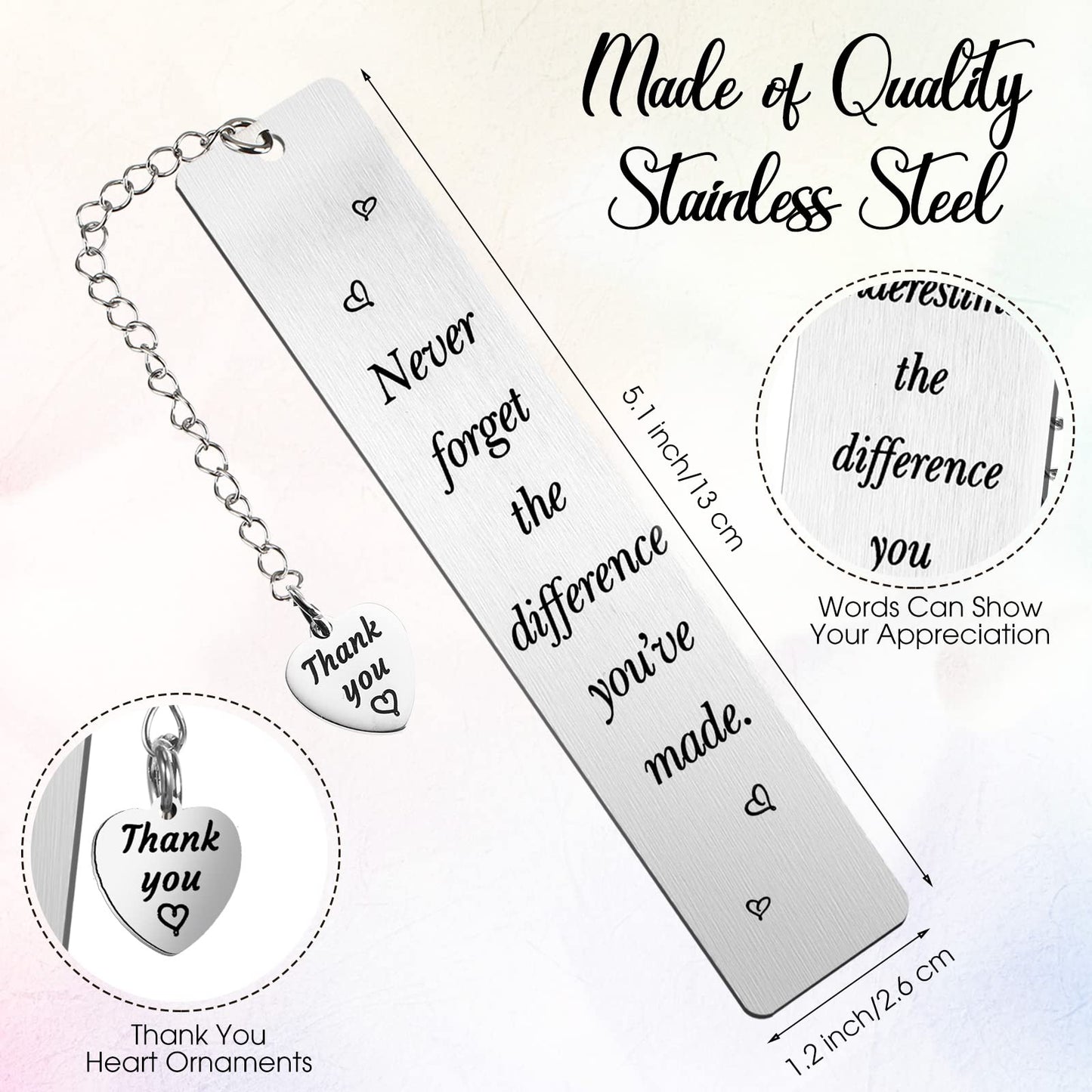 Ferraycle 8 Pcs Metal Bookmark Bulk Teacher Appreciation Gifts Never Forget The Difference You Make Bookmark for Friends Teacher Classmate Book Lovers Valentine's Day Gifts
