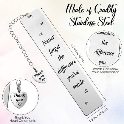Ferraycle 8 Pcs Metal Bookmark Bulk Teacher Appreciation Gifts Never Forget The Difference You Make Bookmark for Friends Teacher Classmate Book Lovers Valentine's Day Gifts