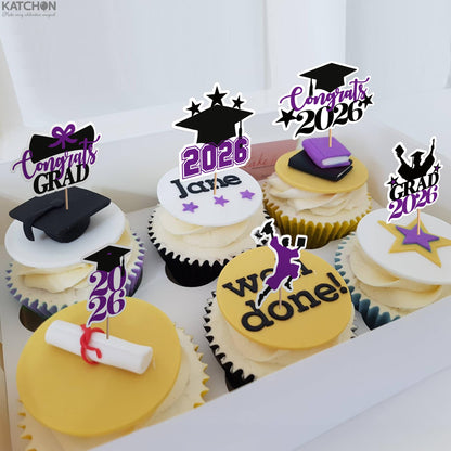 Graduation Decorations 2026 | Purple and Black Graduation Cake Topper 2026 - Pack of 36 | Graduation Cupcake Toppers 2026 for Graduation Decorations 2026, Dessert Toppers Grad, KatchOn