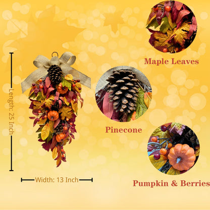 Svndlyn Harvest Teardrop Swag Autumn Floral Swag Wreath with Pumpkin Pine Cones Berries Maple Leaves and Burlap Bow Fall Teardrop Wreath for Home Door Wall Mantel Window Decor