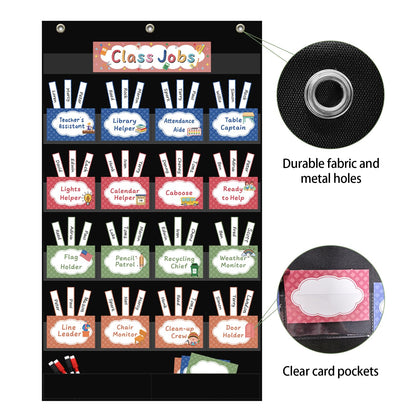 REGELETO Class Jobs Pocket Chart with 17 Pockets and 2 Storage Bags,73 Cards Class Management Educational Pocket Chart Teacher's Helper Size: 32.6" L x 19.6 H Bulletin Board for Classroom (Black)
