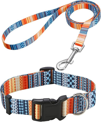 Mihqy Dog Collar and Leash Set with Bohemia Floral Tribal Geometric Patterns - Soft Ethnic Style Collar Adjustable for Small Medium Large Dogs(Bohemian Orange Set,XS)