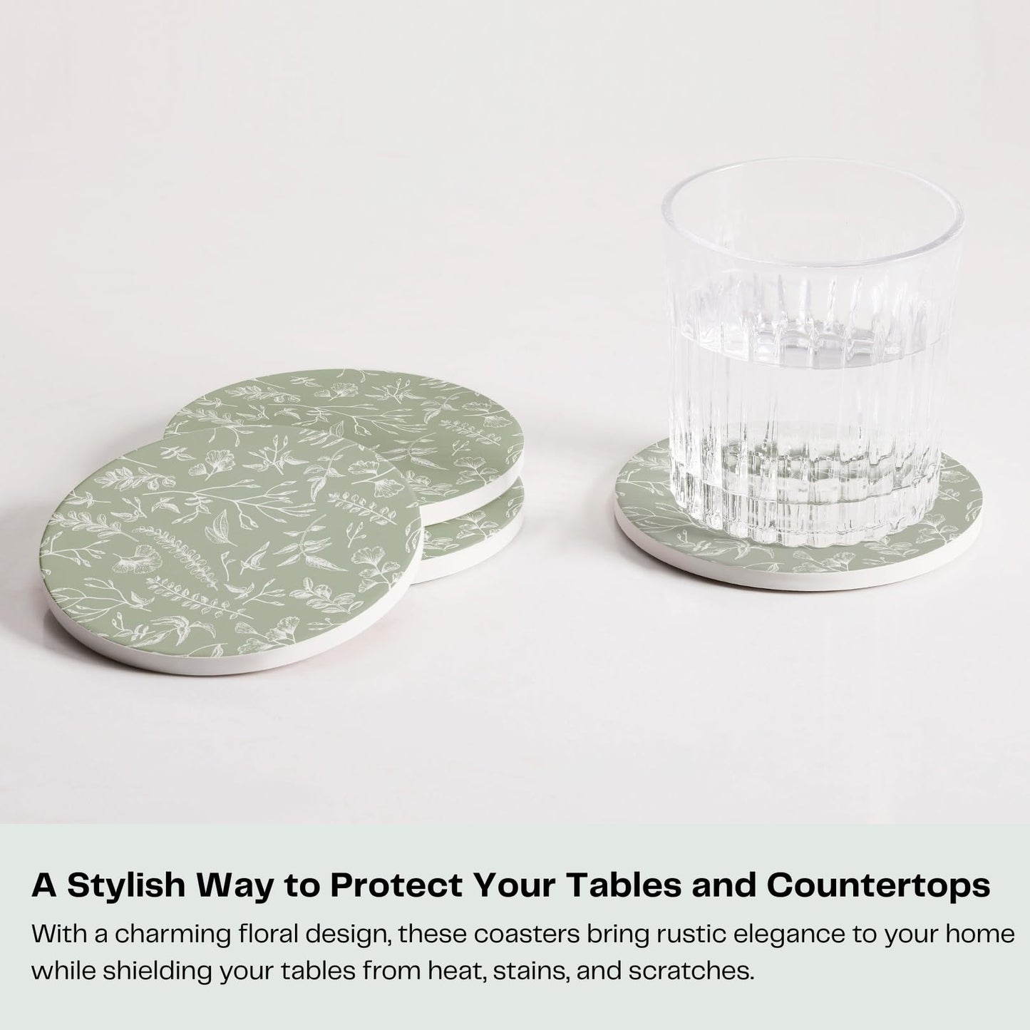 Hoomey Set of 6 Floral Sage Green Coasters with Holder, Absorbent Ceramic Drink Coasters with Cork Backing for Table Protection, Coffee Table Décor