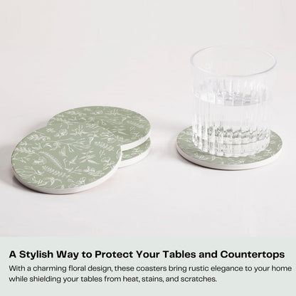 Hoomey Set of 6 Floral Sage Green Coasters with Holder, Absorbent Ceramic Drink Coasters with Cork Backing for Table Protection, Coffee Table Décor