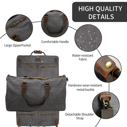 2 in 1 Suit Garment Duffle Convertible Carry-on Bag With Canvas Leather Shoulder Strap for Travel, Business Trips, Storage - Hangding Suit, Clothes, Dresses, Shoes (Gray)