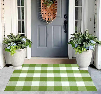 Green and White Outdoor Rug 27.5''X 43.3'' Buffalo Checked Porch Rug Cotton Woven Washable Layering Door Mat for Welcome Door Mat Porch Entryway Bedroom Living Room