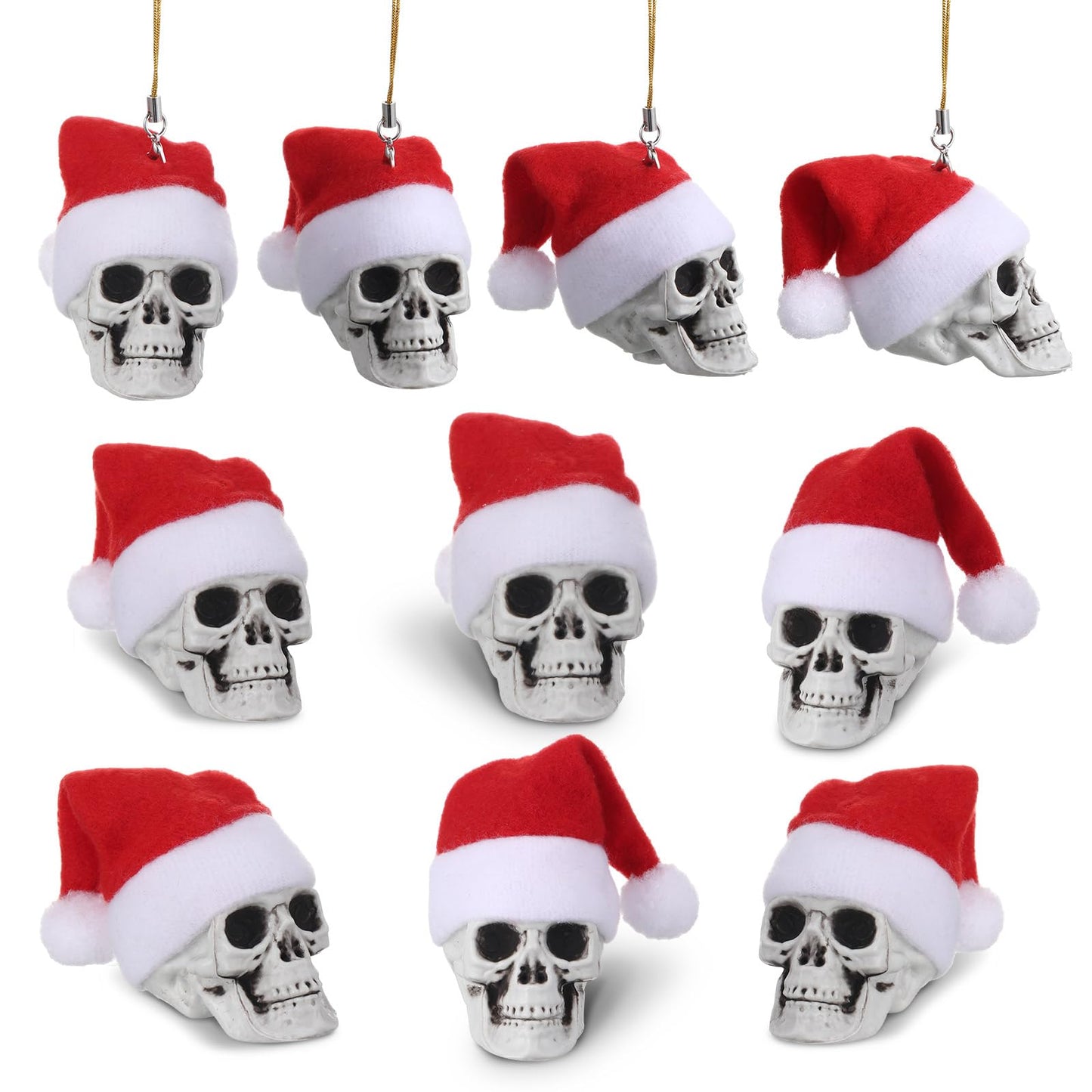 Lenwen 24 Pcs Mini Hanging Skull Heads Santa Hat Halloween Skeleton Head Tree Ornament Decorations for Holiday Party Xmas Tree Decor (2.16 Inch)