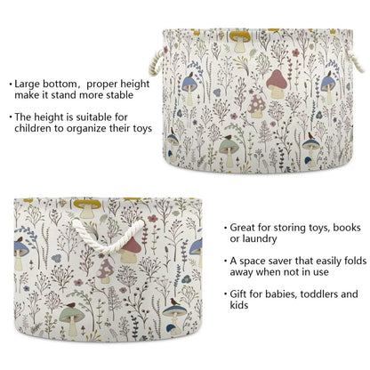 Retro Mushroom Print Round Storage Basket Mushroom Wild Plant Large Laundry Hamper 20 x 20 x 14 Inches Organizer Bin with Cotton Rope Handles Clothes Storage Bag for Nursery Bedroom Living Room Decor