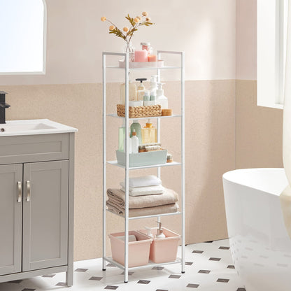 SONGMICS 5-Tier Storage Rack, Bathroom Shelf, Extendable Plant Stand with Adjustable Shelf, for Bathroom, Living Room, Balcony, Kitchen, White UBSC035W01