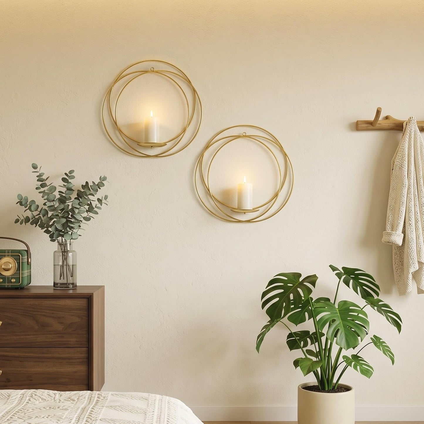 ZEXUIRU 2 Set Metal Wall Candle Sconce for Living Room Bedroom Dining Room Bathroom Decorative Iron Candle Holders Farmhouse Wall-Mounted Metal Sconces Holder - Gold 12.8in