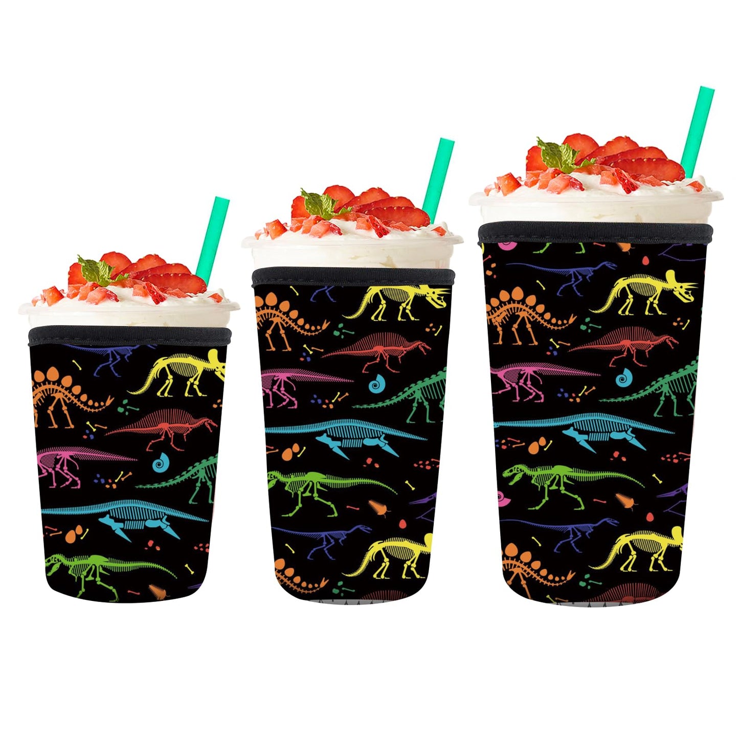 AMZXCFGL 3 Pack Reusable Neoprene Insulator Sleeve for Iced Coffee Cups, Cute Funny Coffee Cup Sleeve, Universal Fit 16-32oz Cups for Hot Cold Beverages Cute Dinosaur