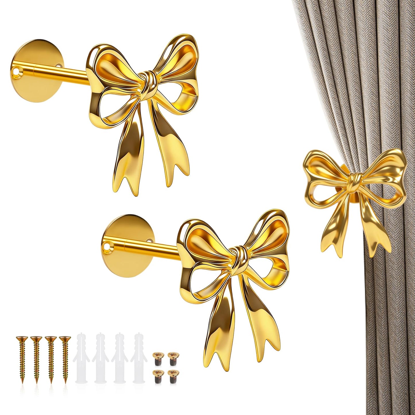 2Pcs Gold Bow Curtain Holdbacks Tiebacks for Wall - Heavy Duty Metal Curtain Holder Wall Mounted for Drapes Window Home Decoration