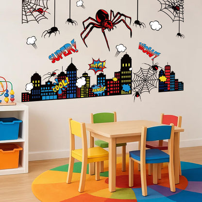 Gilprop Spider Theme Wall Stickers Spiderweb Wall Decal Colorful City Skyline Decor Pack Cool Comics Style Peel and Stick(L,Spider)