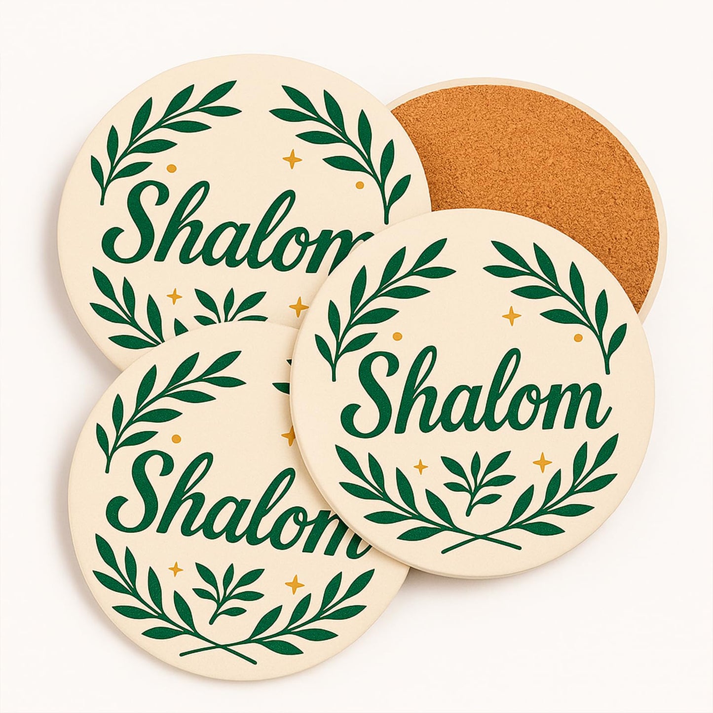 Shalom Coasters Set of 4 Ceramic Drink Coasters with Olive Branch Peace Design Absorbent Stone Coasters with Cork Base Christian & Jewish Gifts Religious Table Decor for Home Holidays