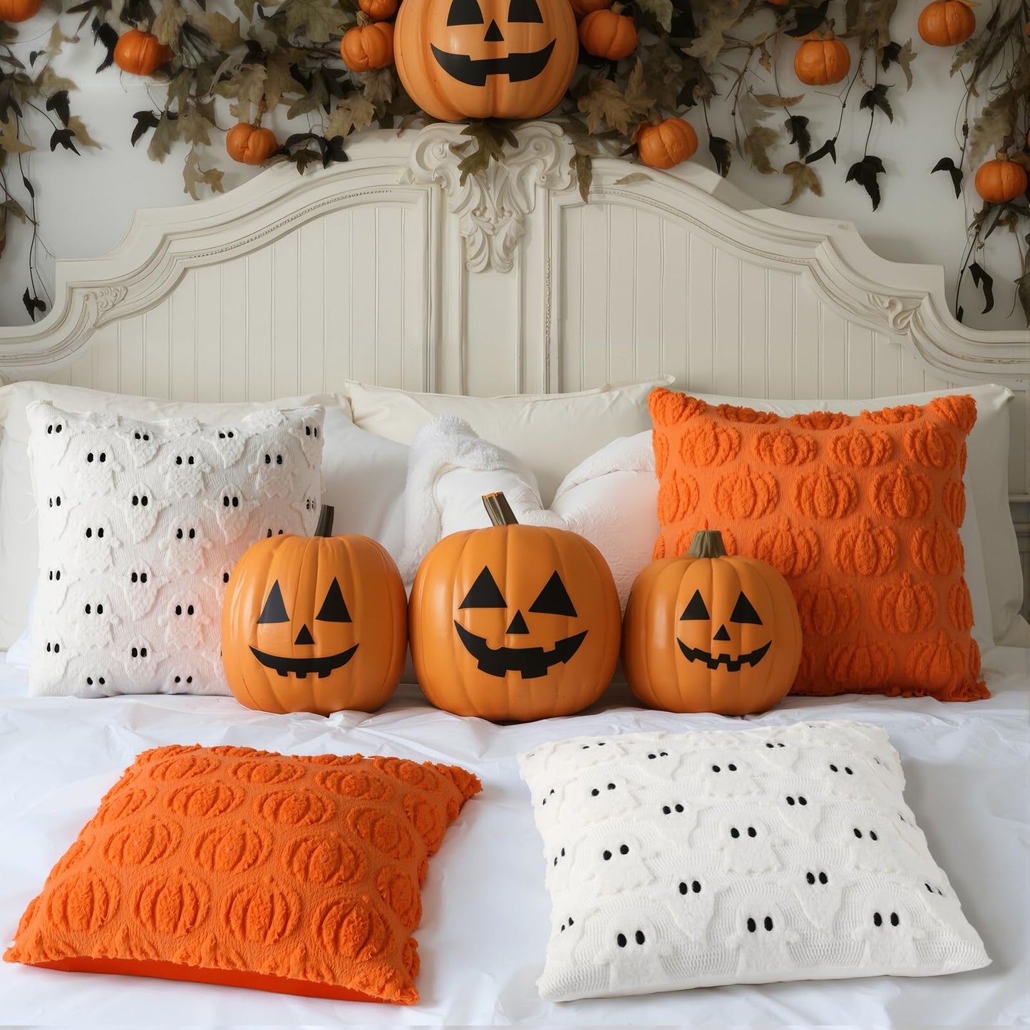 Tegeme 4 Pcs Halloween Pillow Covers 18x18 Inch White Ghost Throw Pumpkin Fall Decorative Fluffy Plush Accent Pillow Cases for Chair Sofa Bedroom Living Room Home Decor