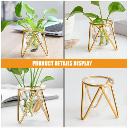 Toyvian Glass Plant Vase with Metal Stand, Decorative Bulb Terrarium Container for Succulents and Green Plants, Small Gold Indoor Hydroponic Planter for Home and Office Desk Decor