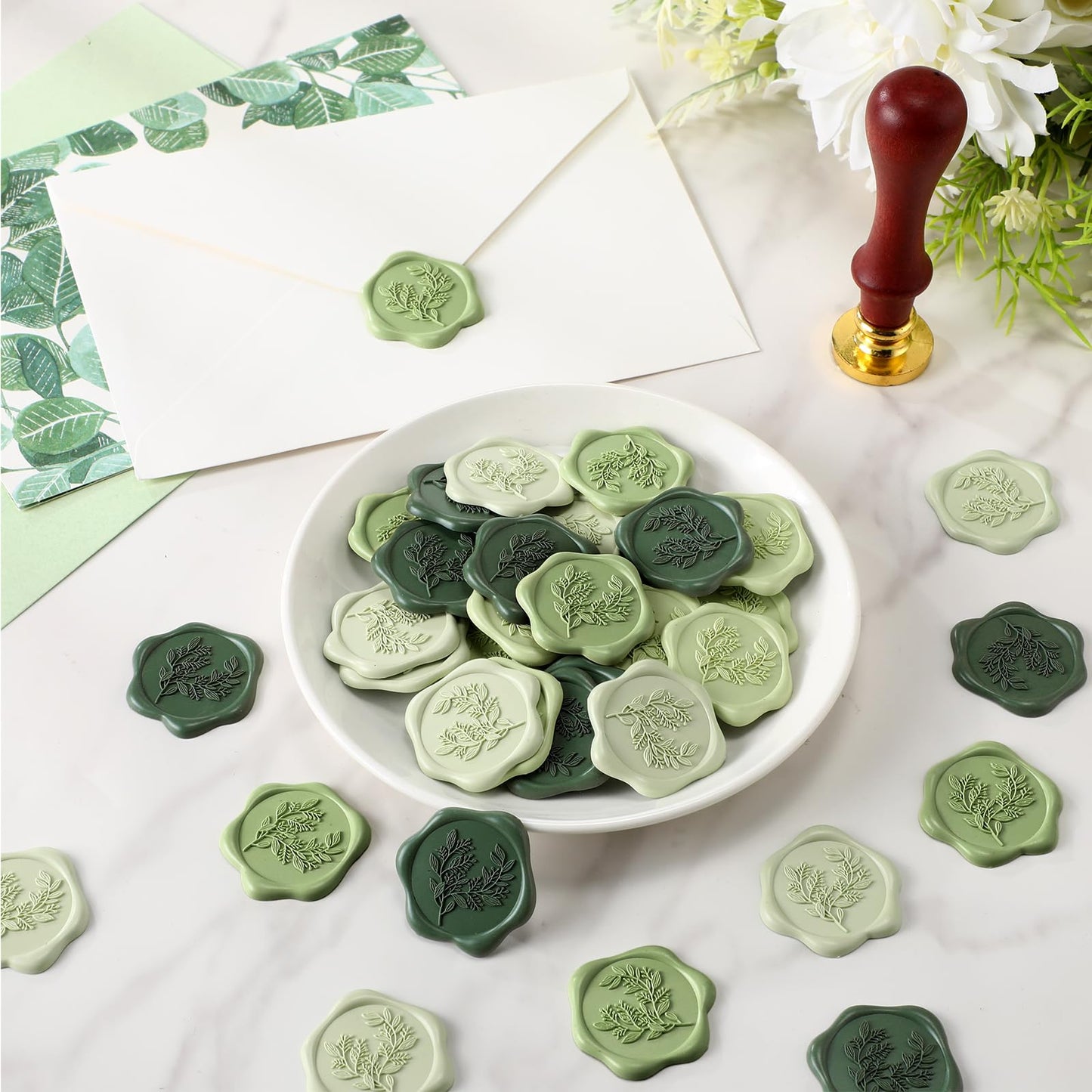 Conelist 50 Pcs Sage Green Wax Seal Stickers for Wedding Invitation Envelope Eucalyptus Self-Adhesive Stickers for Invitation Cards, Gift Wrapping, Party Menu Decor