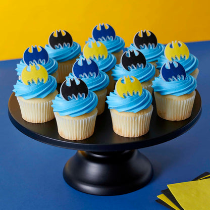 DecoPac Batman Dark Knight Rings, Glow In The Dark Batman Cupcake Decorations, Bat Signal Cake Toppers in Black, Yellow, Blue - 24 Pack