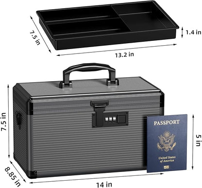 Medicine Lock Box with Code, Locking Medicine Box with Removable Tray & Pocket Bag, Portable First Aid Box for Home, 14 * 8.85 * 7.5 Inch (Black)