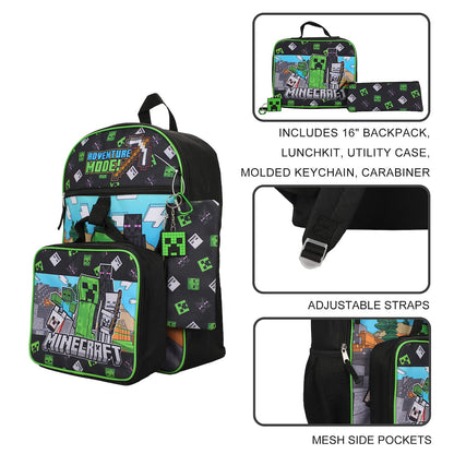BIOWORLD Unisex Minecraft Adventure Mode 5-Piece Backpack set (Little Kid/Big Kid), Green, One size