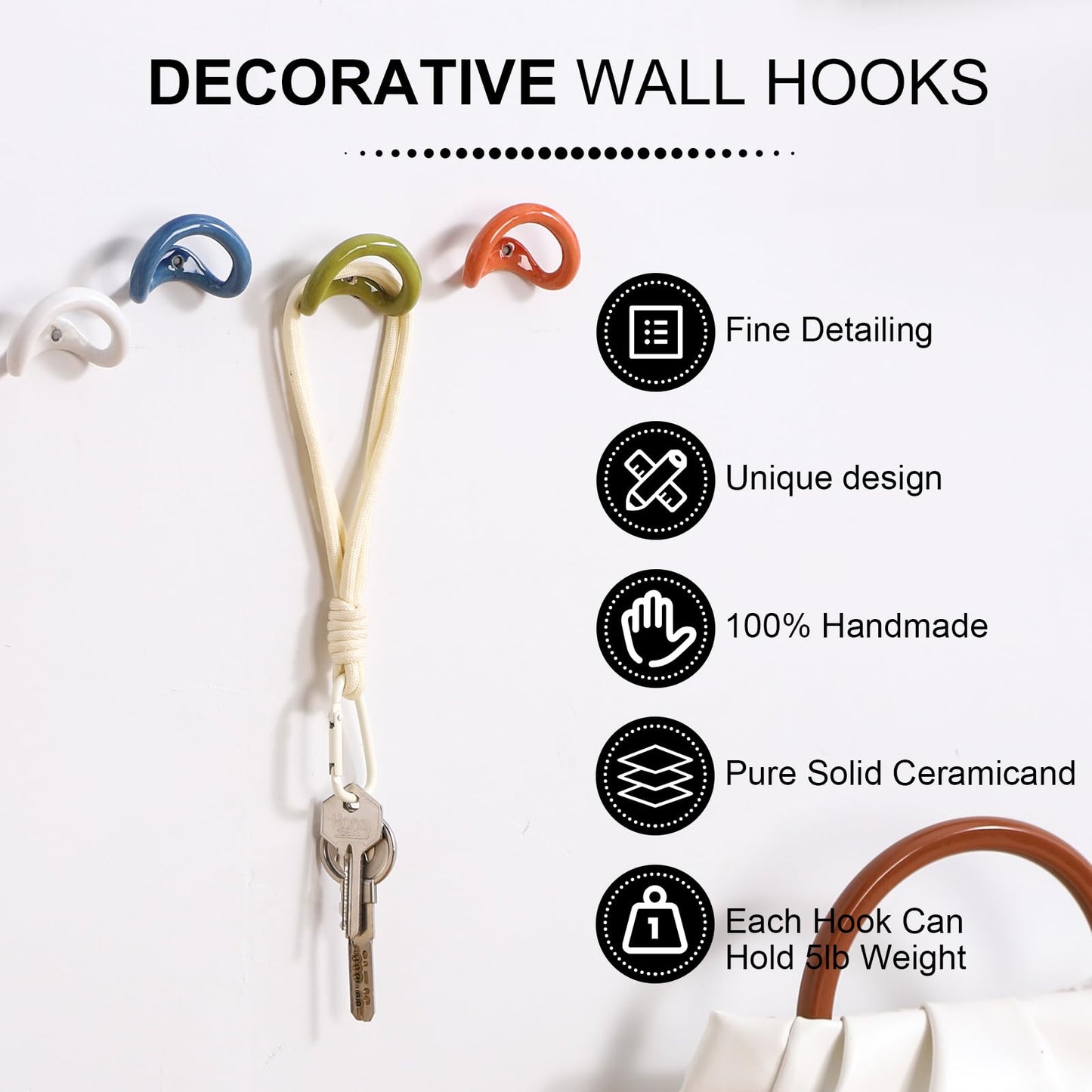 ATLZBLTCI Cute Decorative Hooks for Wall. Ceramic Boho Decorative Hooks for Hanging Things Suitable for bathrooms Towel Coat Key Purse Clothes 4 pcs.