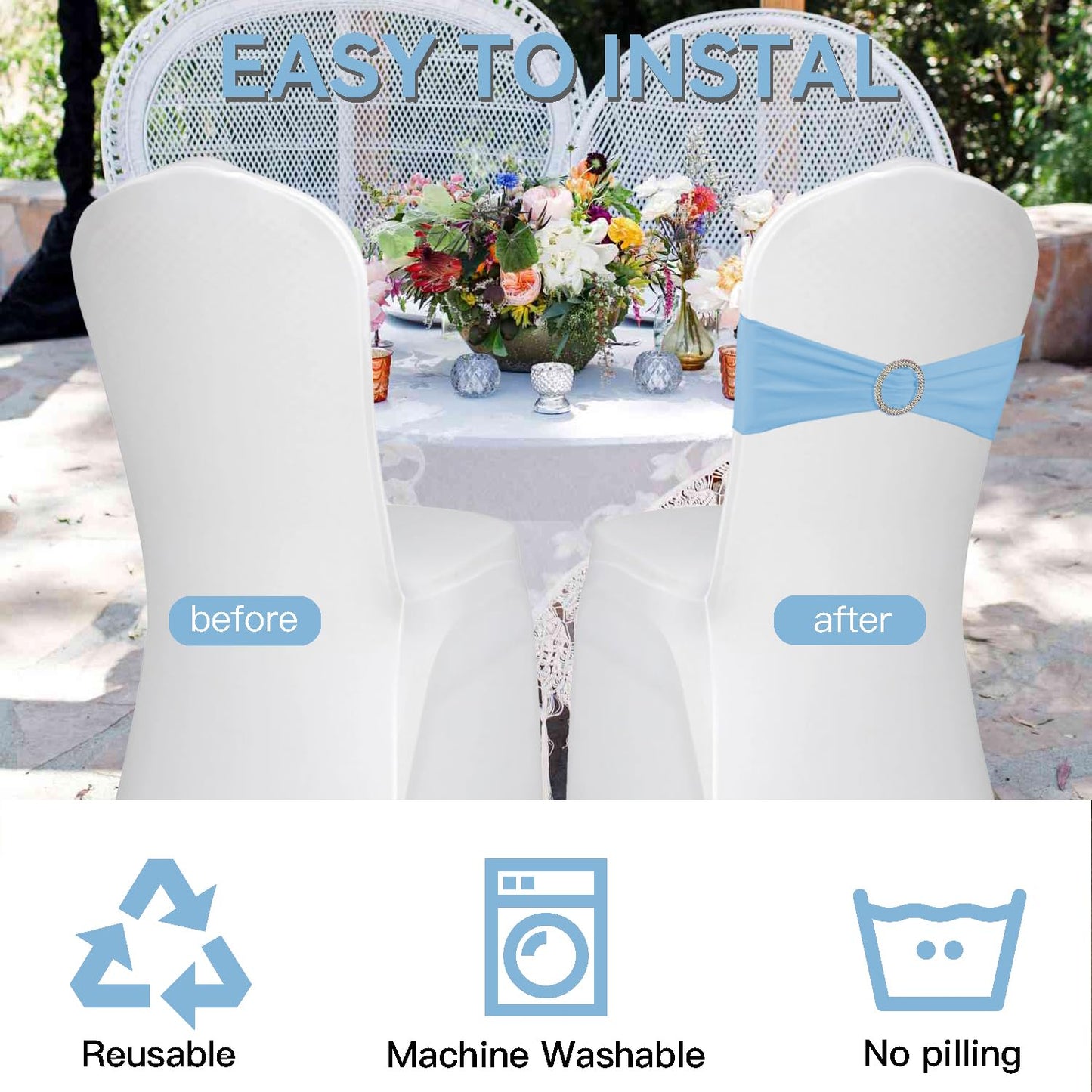 WJWHQ 100PCS Spandex Stretch Chair Sashes Bows Elastic Chair Cover Bands Ties with Buckle Slider for Wedding Party Reception Events Universal Ceremony Banquet Decorations(Baby Blue)