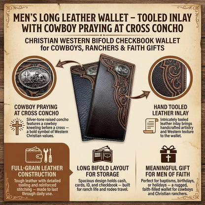 Western Stakes Men's Long Leather Wallet – Western Tooled Bifold Checkbook Organizer with Cowboy Concho (Cowboy Praying, Brown)