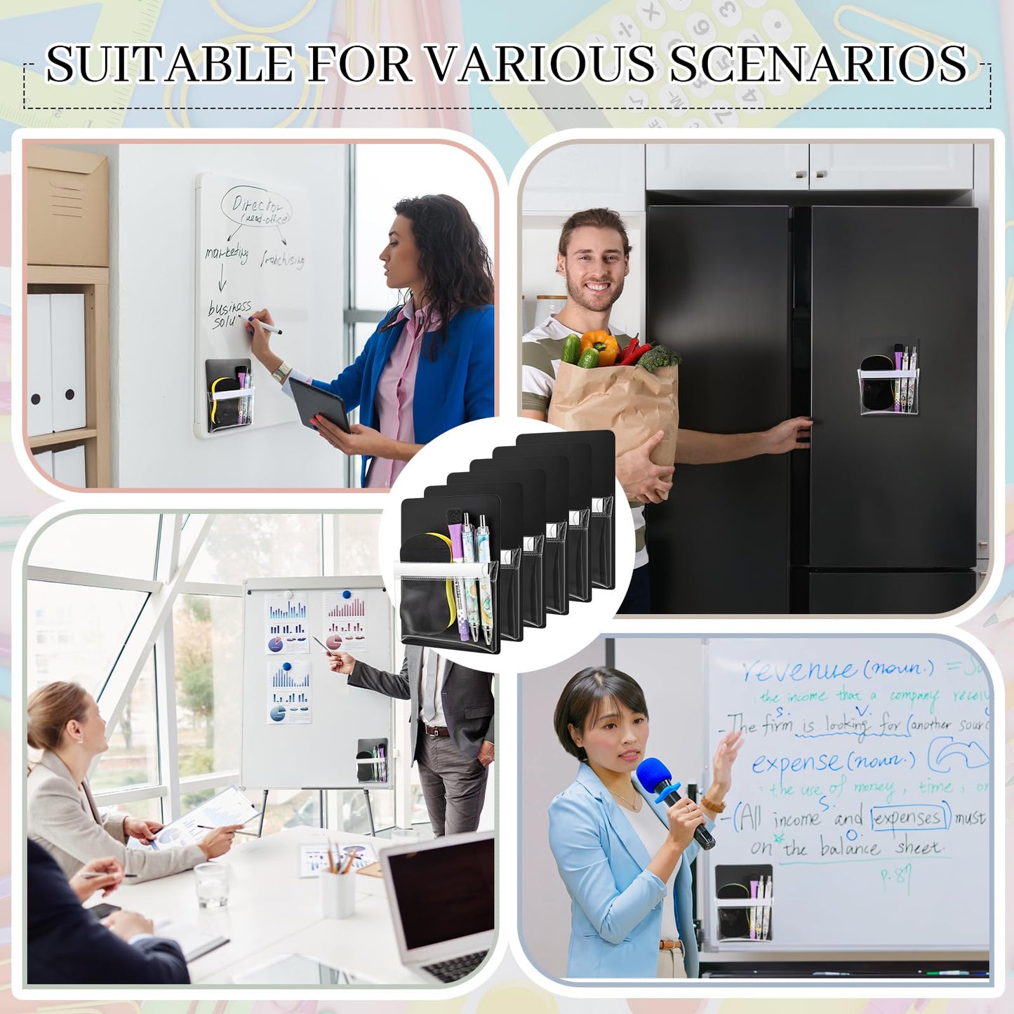 Sherr 6 Pcs 6 Pcs Magnetic Pockets Pen Marker Holders for Classroom Whiteboard 4.7 x 6.5 Magnetic Clear File for Fridge Locker Dry Erase Marker Storage Teacher Supplies (4.7 x 6.5 in,Black)