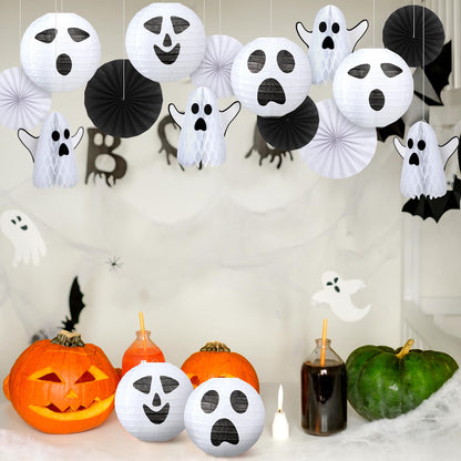 Humyoun 18 Pcs Halloween Party Decorations Kit Ghost Spooky Paper Lanterns Hanging Fans 3D White Ghost Honeycomb Ball for Indoor Outdoor Halloween Scary Party Supplies Haunted House Ceiling Decor