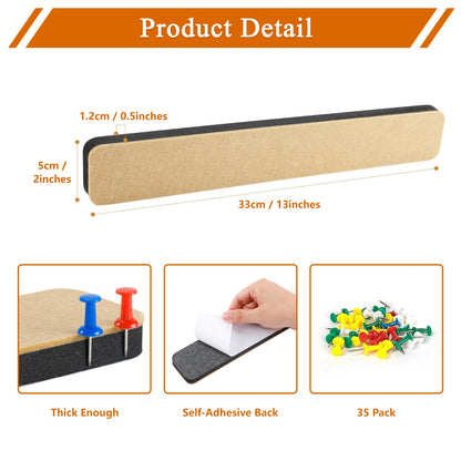 HULAVO 8Pcs Rectangle Felt Cork Board Bar Strips with 35 Pushpins, Self-Adhesive Bulletin Board Strips for Office School Home Wall Decor Stickers Memos Schedules Photos Display -Gradual Grey